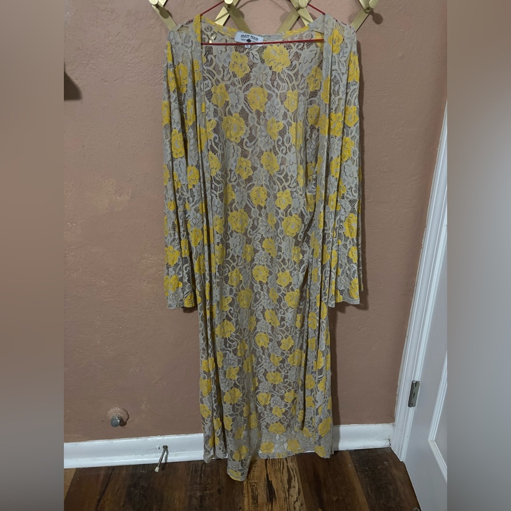 Yellow and tan Floral Lace maxi Cardigan
